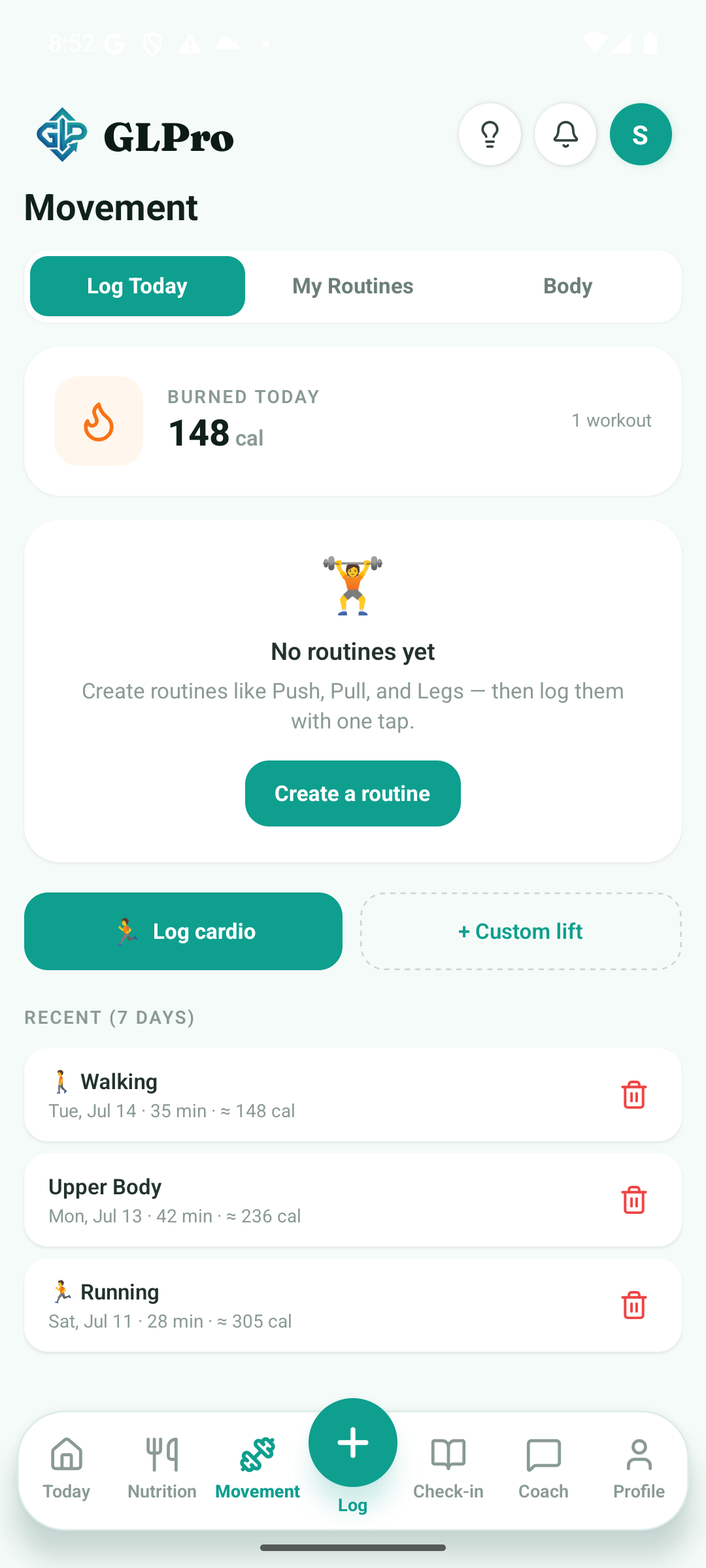 GLPro Movement screen with calories burned, routines, and cardio logging